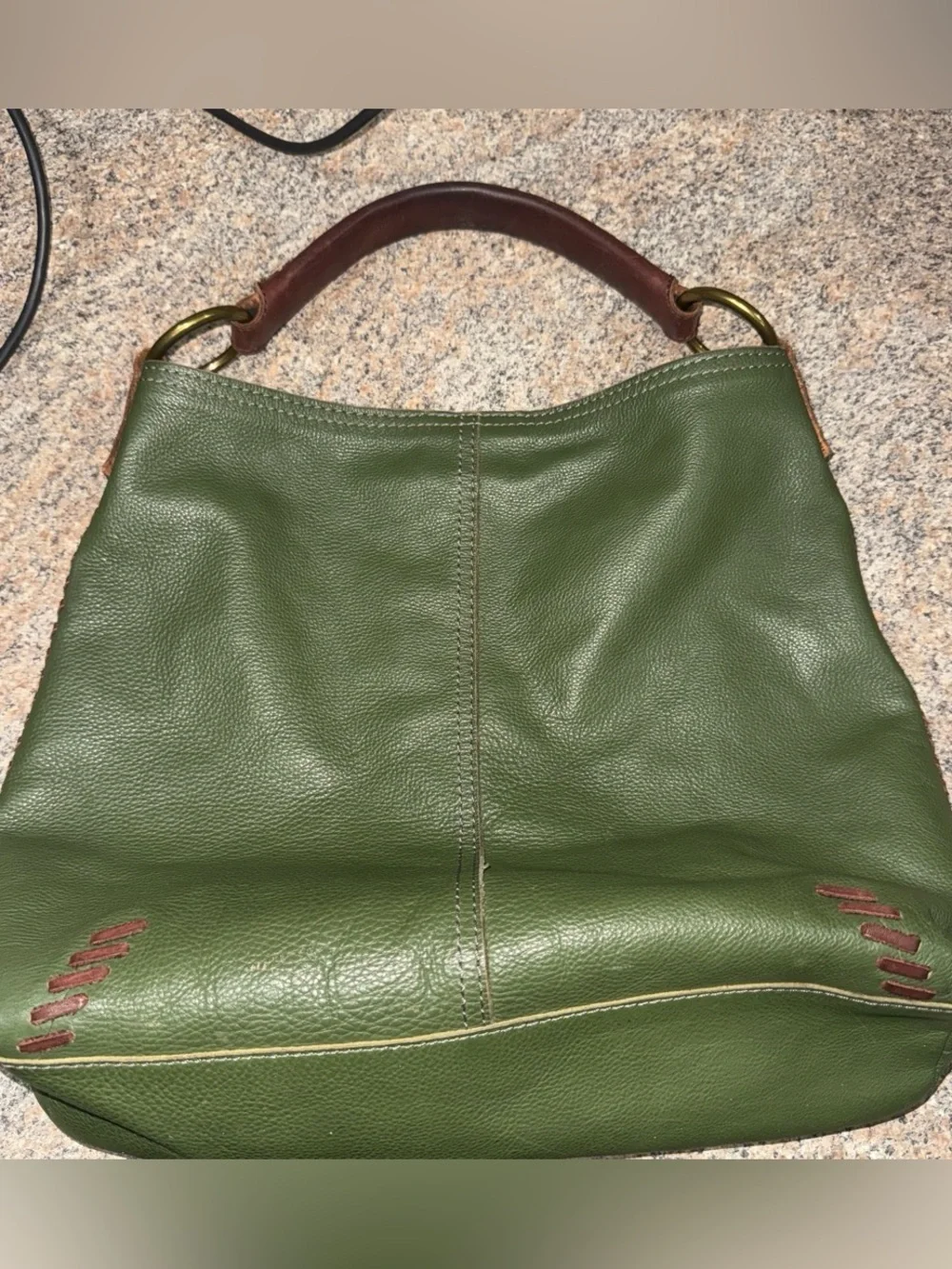 Vintage lucky Green Leather Hobo Bag with Brown Trim